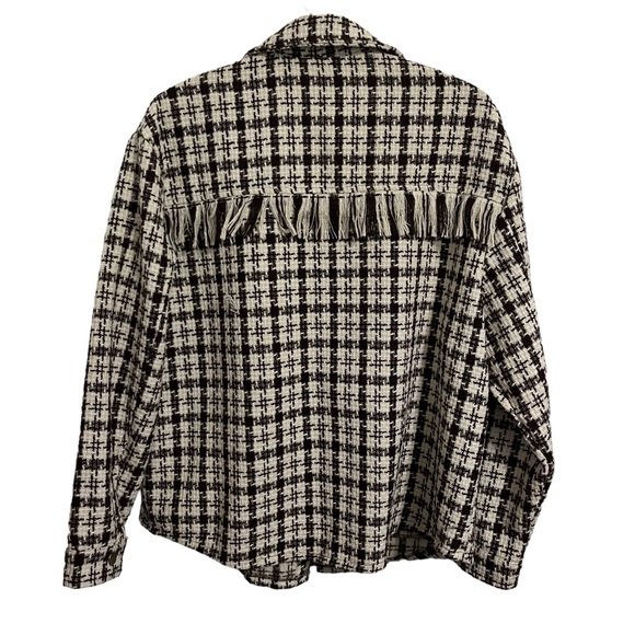 Hayden Los Angeles Boucle Houndstooth Fringe Jacket Shacket Brown Cream Size L - Picture 2 of 10